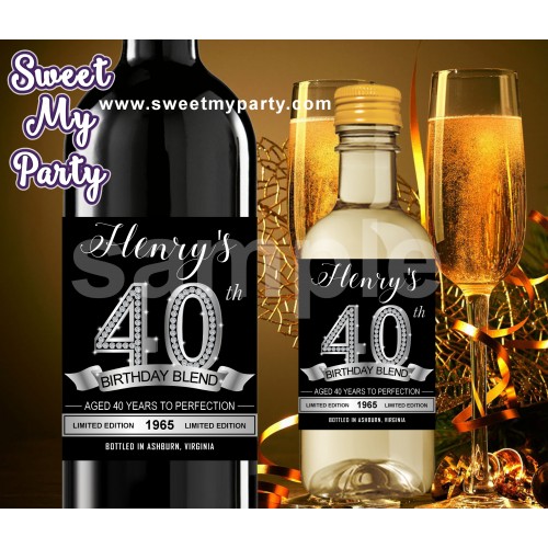 40th Birthday Party Wine Labels,Silver Diamonds Wine labels,(15ab)